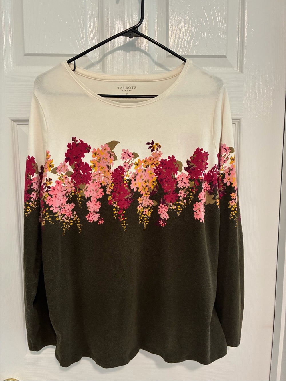 Talbots Plus 1X long sleeve Tee Cream & Olive Floral Border with Pink Accents